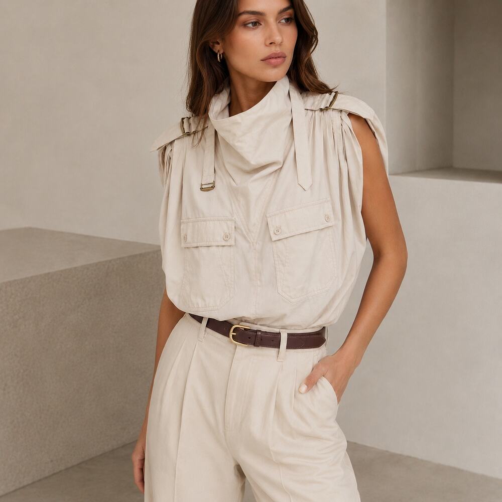 Isabel Marant Neutral Cream Sleeveless Utility Blouse with Tie Neck